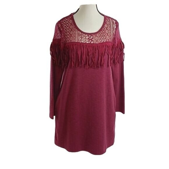 Entro Boho Fringe Dress Womens Size S Burgundy Lace Yoke Long Sleeve - Picture 1 of 8